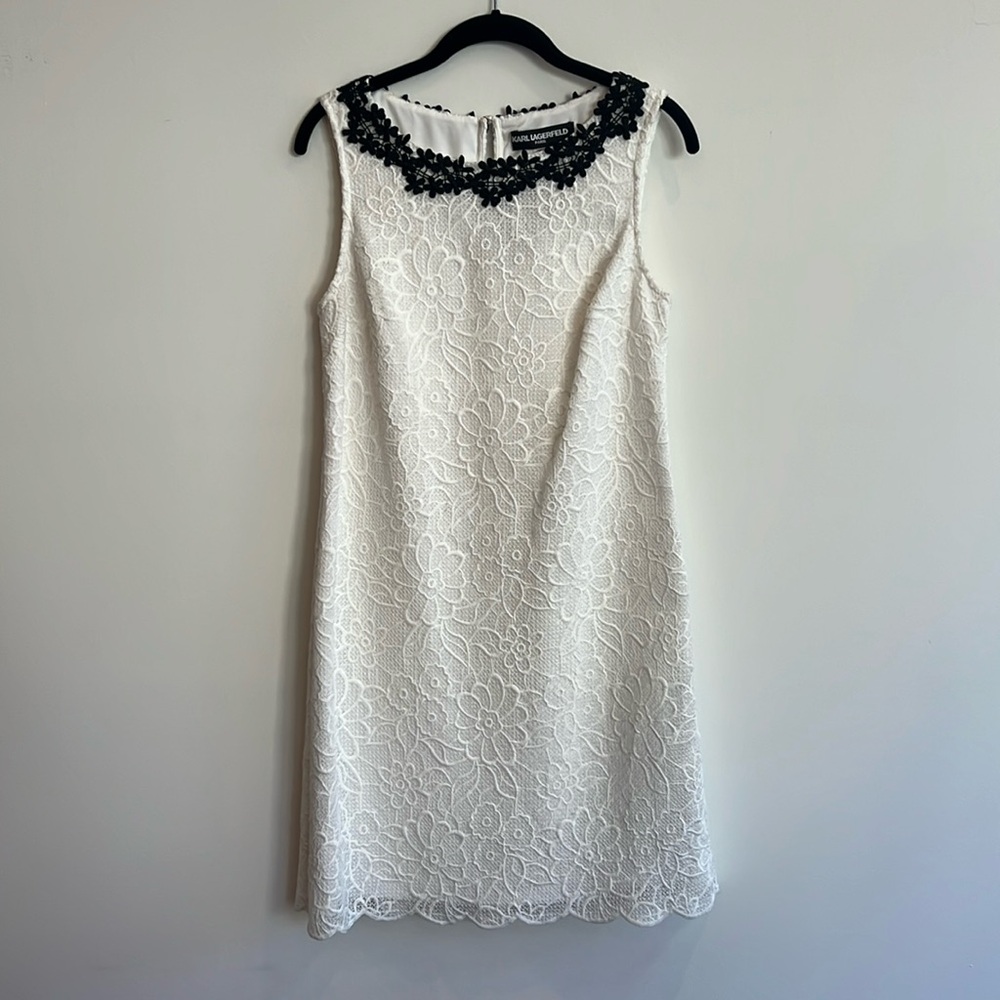 Karl Lagerfeld White Lace Dress Black Trim Sleeveless Party‎ Cocktail S